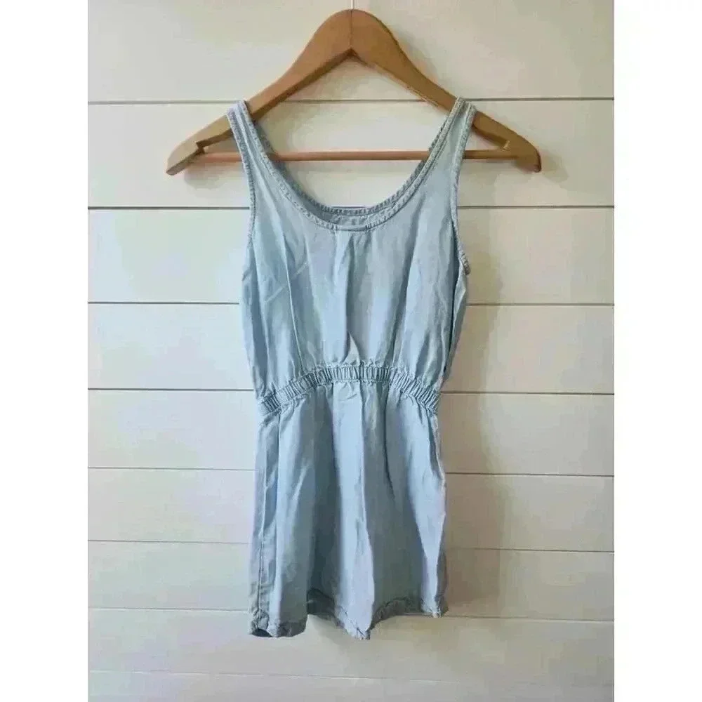 H&M &Denim Girls Size 9/10 Light Denim Dress with Cream Detail